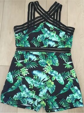 Green Tropical Leaf One-Piece Swimwear with Black Trim